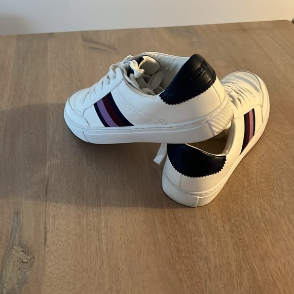 J. Crew women’s White Sneakers with Purple and navy stripes.

Worn several times - Picture 9 of 12